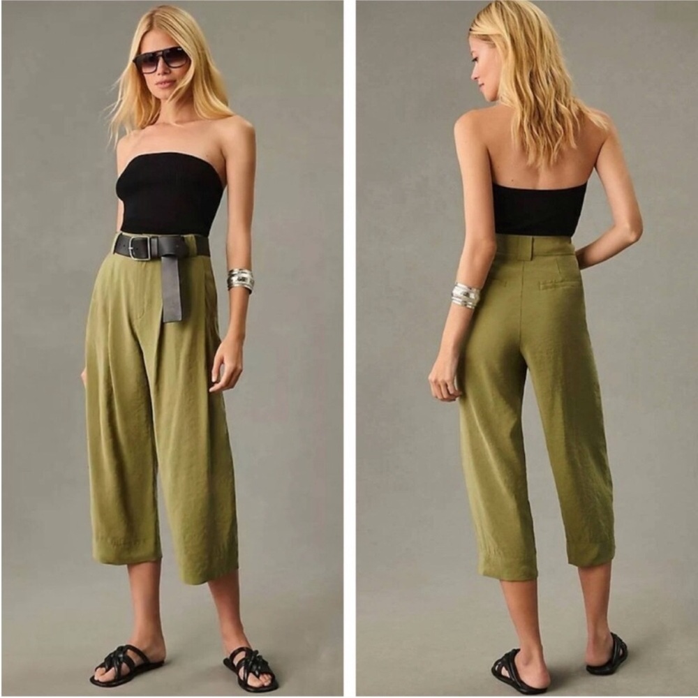 By Anthropologie Cropped Pleated High Rise Casual Wide Leg Pants Olive
